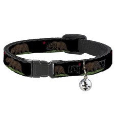 Cat Collar Breakaway with Bell California Flag Bear Black NARROW Fits 8.5-12"