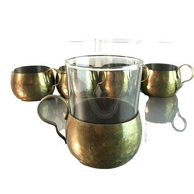 Vintage Messing Teetassen Teegläser 5 er Set Art Déco mit SCHOTT Verran 