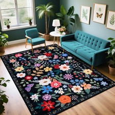 Floral Washable Area Rug 5x7 Vintage Soft Non-Slip Stain-Resistant Boho Large