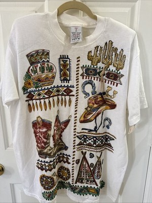 Vintage NWT 90s KWBL LOS ANGELES Adult T-Shirt Art Glitter Southwest Cowboy OS