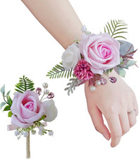 Pink Corsage and Boutonniere Set, Prom Wedding Homecoming Wrist Corsage Wristlet