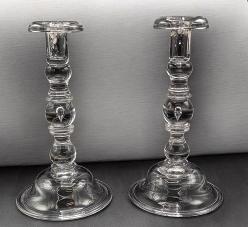 SET OF 2 Steuben Art Glass Crystal Baluster Teardrop Candlestick 10 1/4" SIGNED