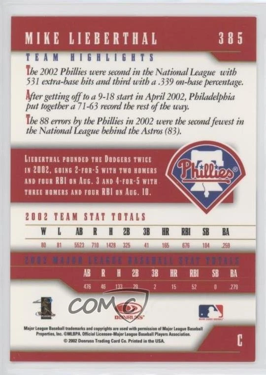 2003 Donruss Team Heroes Mike Lieberthal #385 - Image 2 of 2