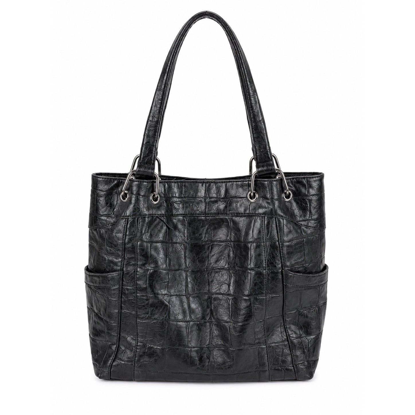 Sag Harbor Vintage Y2K Black Leather Croc Embossed Edgy Hobo Shoulder Tote Bag