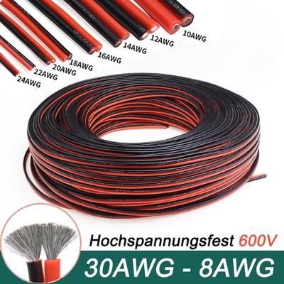 2 Kern Gummi Kabel 600 V dünner Wanddraht KFZ rot schwarz RUND Profil