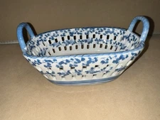 Blue and White Floral Delft Blauw Style Ceramic Basket with Handles Lattice 7.5”