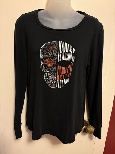 Harley Davidson Skull Gr. Lg Schwarz Damen Langarm T-Shirt Panama City Beach "