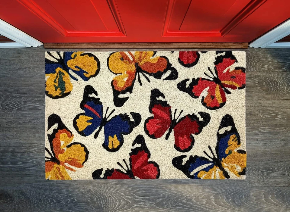 Felpudo de fibra de coco impreso bienvenida diseño de resorte alfombrilla exterior duradero 18"x28" Foto 3 de 4