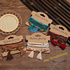 Women Bohemian Ethnic Multi-Layer Beaded Bracelet 6-Piece Set Tassel Bracelet