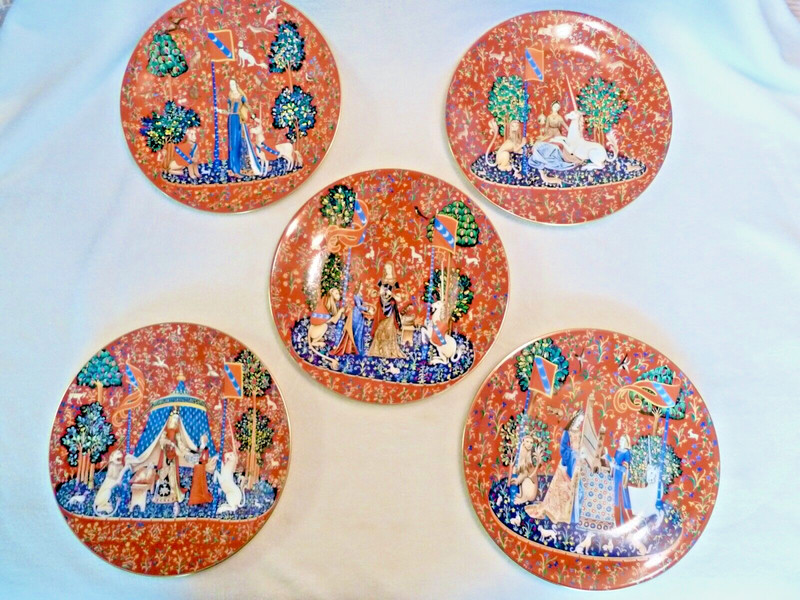 Limoge: 5 Plates -La Damme a la Licorne Plates, 4 Orig. boxes, Excellent, FRANCE