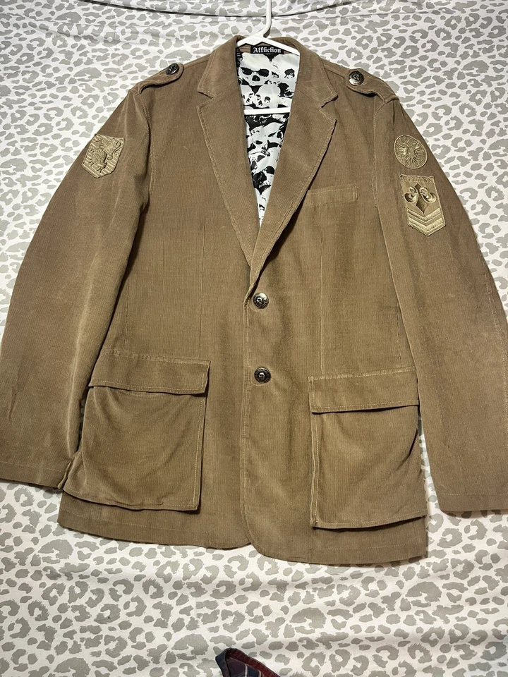 AFFLICTION Para hombres Tostado Pana Bordado Calavera Abrigo Informal Chaqueta Deportiva M-40/42 Foto 3 de 4