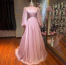 A Line Muslim Gril Wedding Dresses Long Lantern Sleeves Abaya Moroccan Vestidos