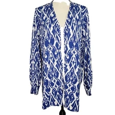 Chicos Open Front Cardigan XXL 4 L/S Sweater Blue White Ikat Side Splits