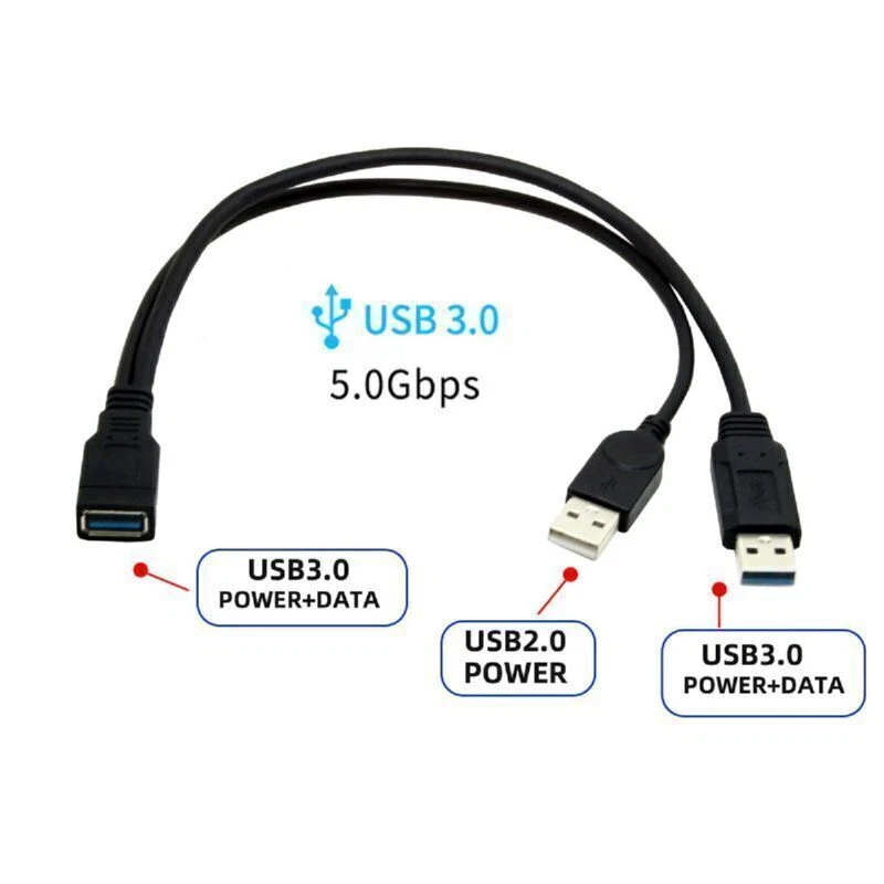 CY USB 3.0 Female to Dual USB Male Extra Power Data Y Extension Cable Black - Image 2 of 4