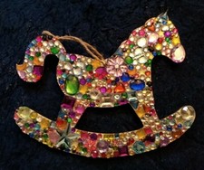 ROCKING HORSE GEM ENCRUSTED WOODEN HANGING DECORATION GIFT 15x12cm new see pic