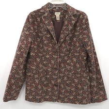 LL Bean Womens Corduroy Blazer Jacket Floral Button Brown 10 Granny Cottage Core