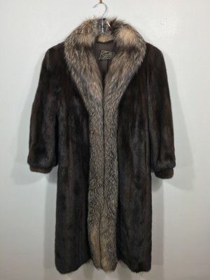 Classy MINK fur coat with CRYSTAL FOX fur tuxedo brown Women's Small jacket