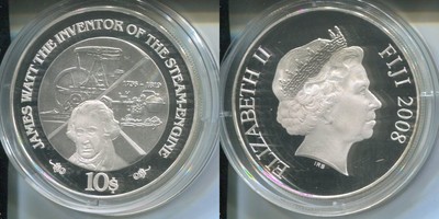 FIJI ISLANDS 2008 - 10 Dollars in Silber, PP - EISENBAHN Lokomotive James Watt