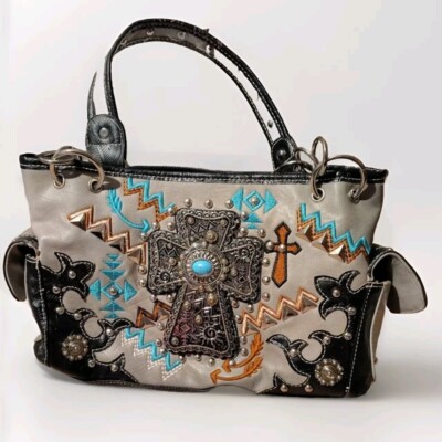 🤠 COWGIRL TRENDY Concealed Carry Purse SELF DEFENSE handbag GRAY TURQUOISE  Read