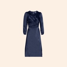NWT $278 Reformation Arklow Dress Navy Blue Silk Holiday Midi Long Sleeve Tie 4