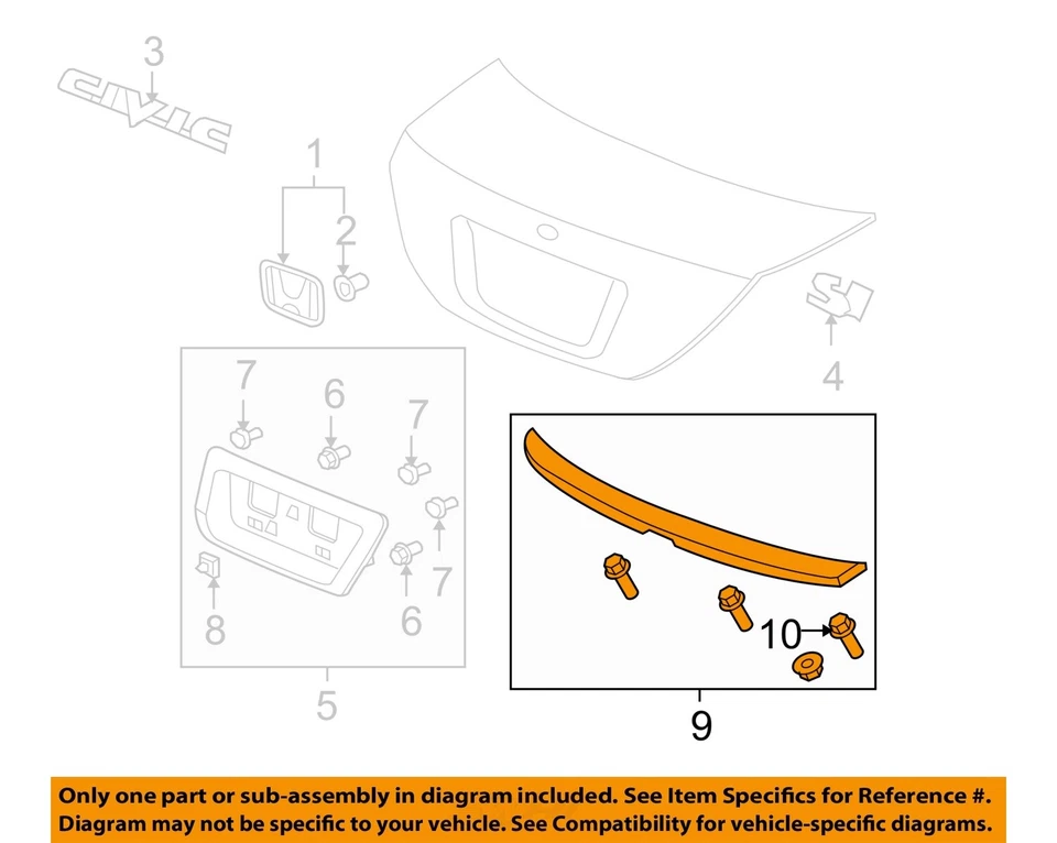 Used Rear Spoiler fits: 2009 Honda Civic Cpe 1.8 Rear Grade A - Изображение 3 из 4