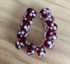 12 RED WITH WHITE  FLOWER  RONDELLE   glass lamp work 12mm Beads- DIY Jewelry  