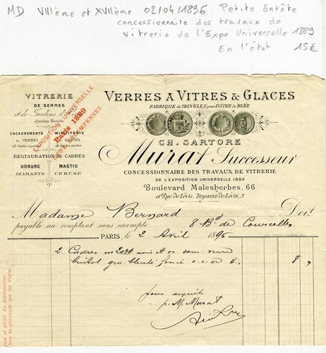 Paris VIII ème 66 Bld Malesherbes - Vitrerie Expo Universelle 1889 du 02/04/1896 - 第 1/1 張圖片