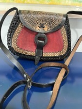 Mayan Aztec Calendar Tooled Leather Purse Black Red Saddle Bag Vtg 70s Mexico
