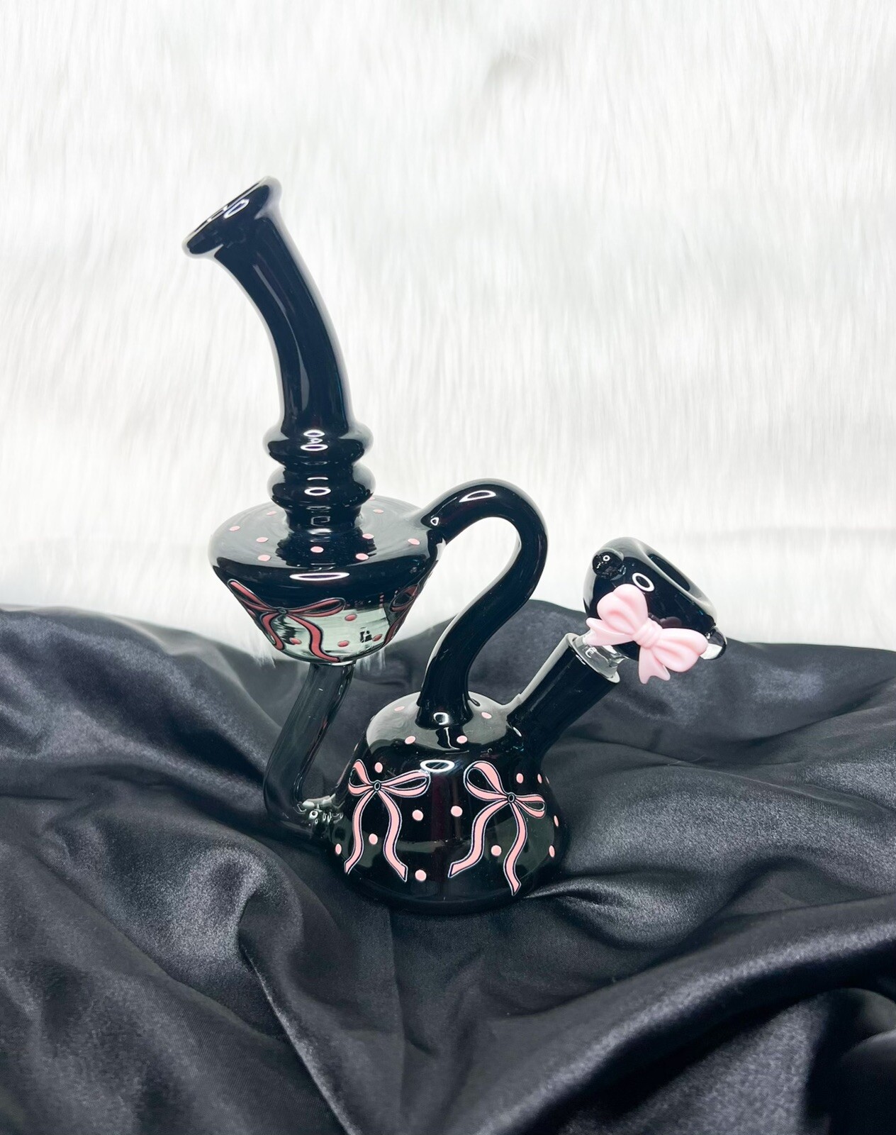 Black Pink Bows Recycler Glass Water Pipe Hookah Glass Pipe Cute Girly Bong