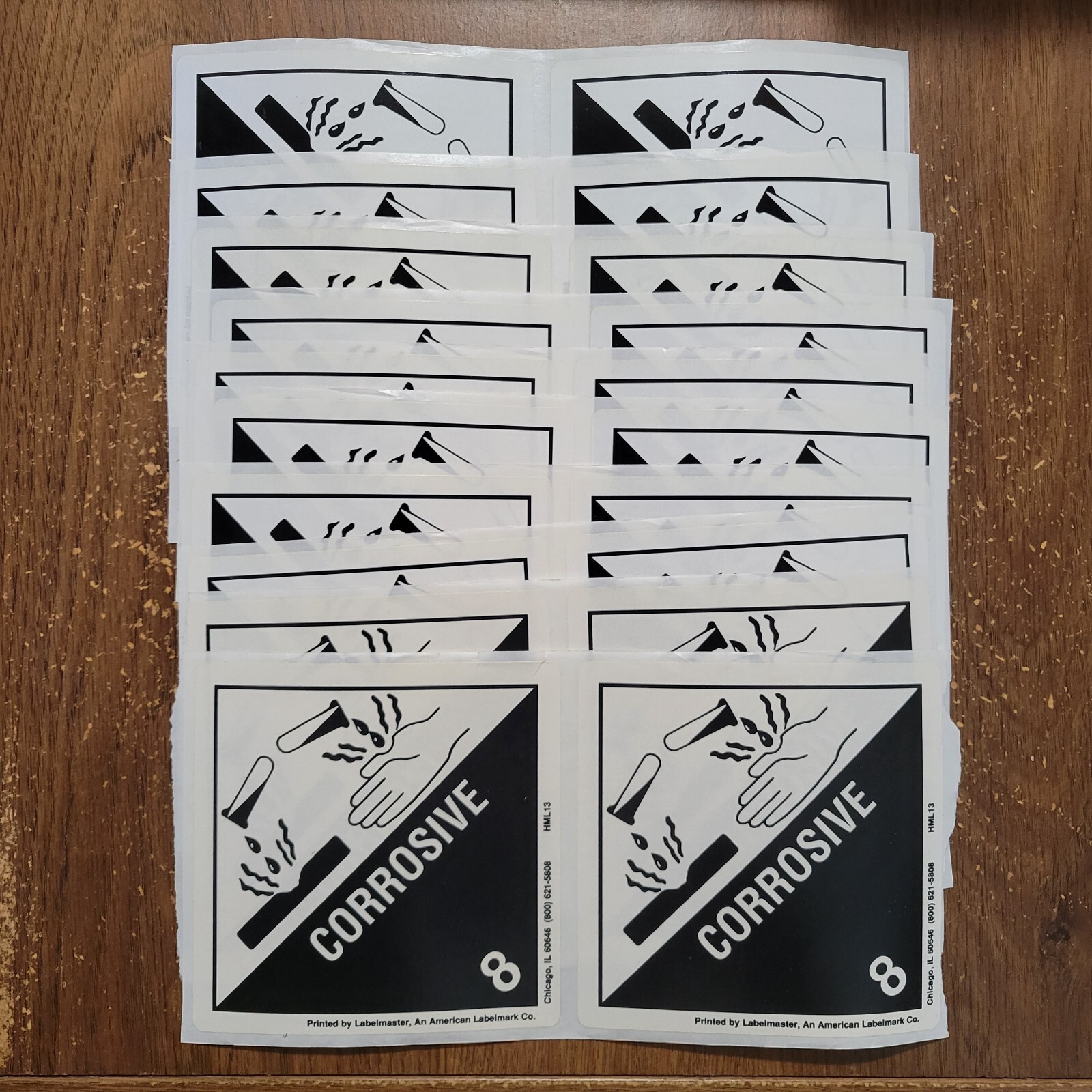 DOT Hazard Class 8 - CORROSIVE Labels - 4" x 4" (20 per pkg)