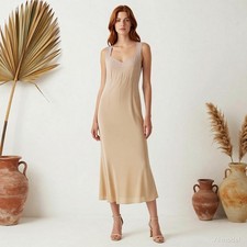 Evening Glam Maxi Dress Beige Sheath Sweetheart Sleeveless Zip Pockets US 10