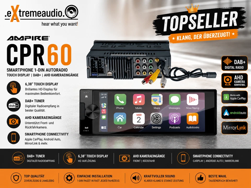AMPIRE CPR60 Smartphone 1-DIN Autoradio Touch Display DAB+ AHD Kameraeingänge - Bild 1 von 4