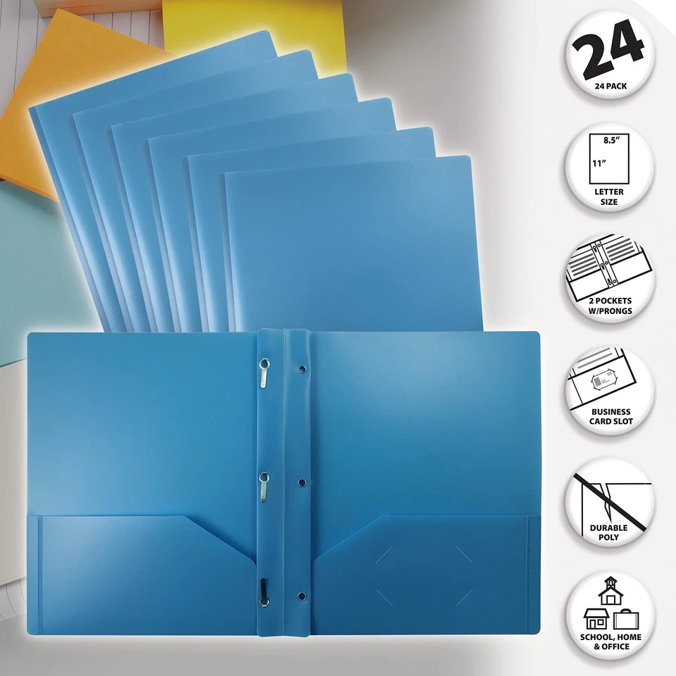 Light Blue Plastic 2 Pocket Folders With 3 Metal Prongs Fastener Clips 24 Pk - Image 3 of 4