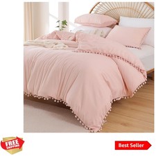 Queen Comforter Set - Blush Bohemian 3-Piece Soft Bedding with Pom Fringe