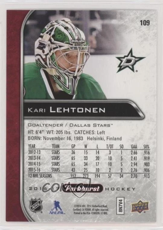 2016-17 Upper Deck Parkhurst Red Kari Lehtonen #109 - Image 2 of 2
