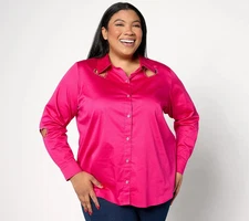 Attitudes by Renee Sz Medium Woven Heart Cutout Button Front Shirt PINK A631295