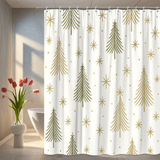 Christmas Shower Curtain with Green Trees and Gold Stars