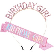 PQRUU Glitter Birthday Sash, Tiara and Rhinestone Headband Set - Pink Birthda...