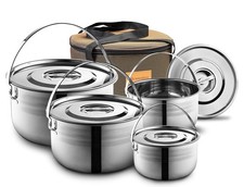 Camping Cookware Set - Compact Stainless Steel Campfire Cooking Pots and Pans...