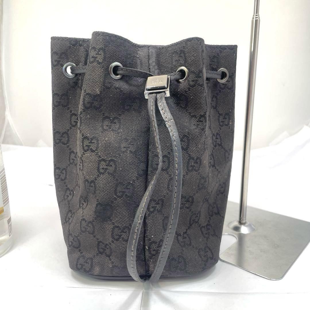 Gucci Pouch Vanity Drawstring Bag Nylon Black GG Pattern Used
