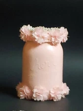 Shabby Cottage Chic Victorian Pink Jar Handpainted Flowers Faux Pearls