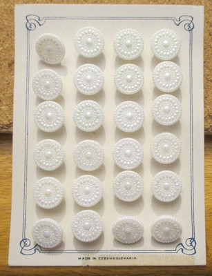 24 - Czech Glass Full Card of Glossy Beaded White Buttons  .480'' = 12.19mm