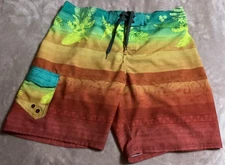 Wave Zone Bathing Suit Mens L Drawstring Mesh Lining Pocket Beach Scene Colorful