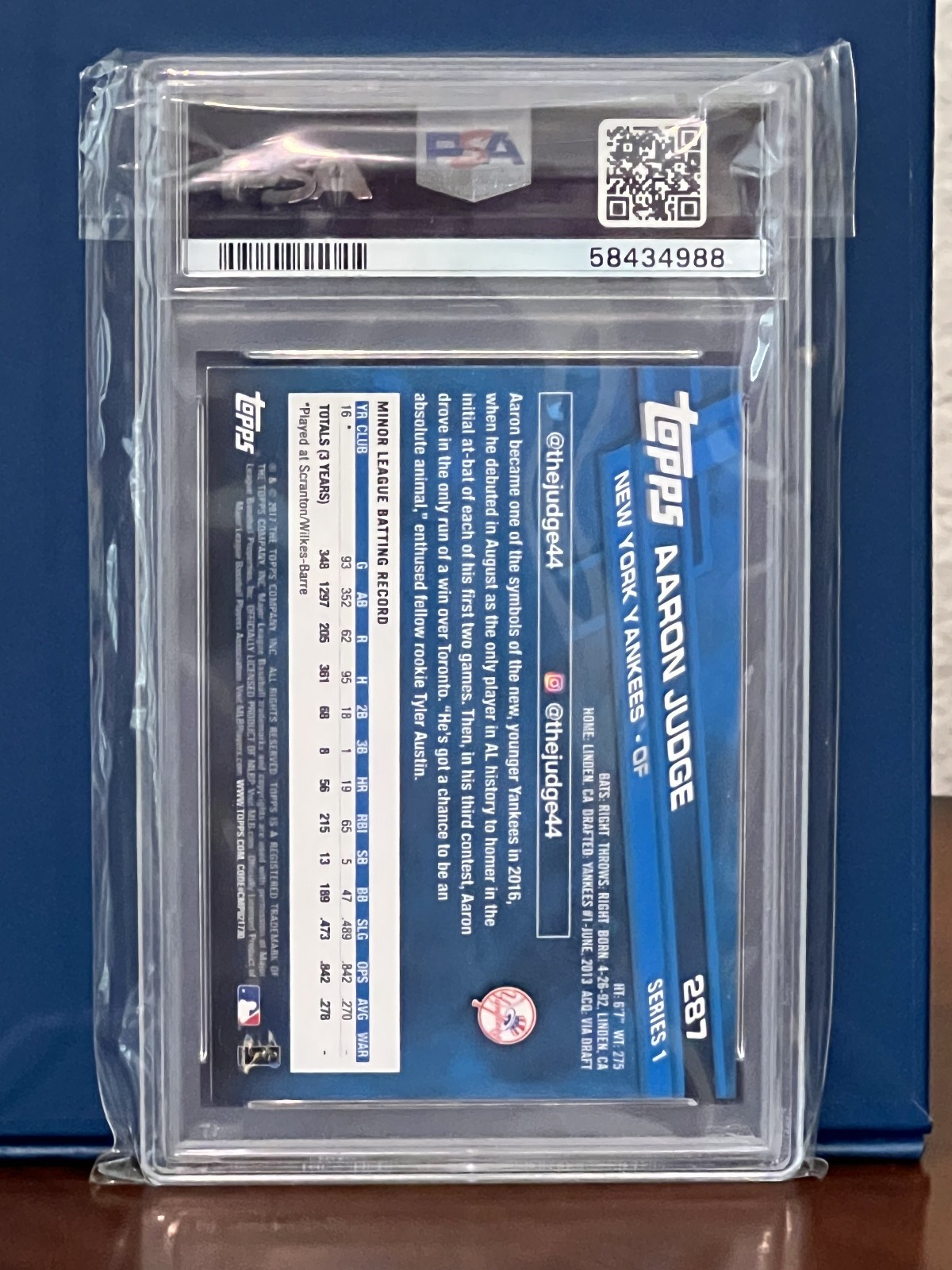 2017 Topps Aaron Judge #287 Catching Rookie RC PSA 9 Mint Yankees view 2