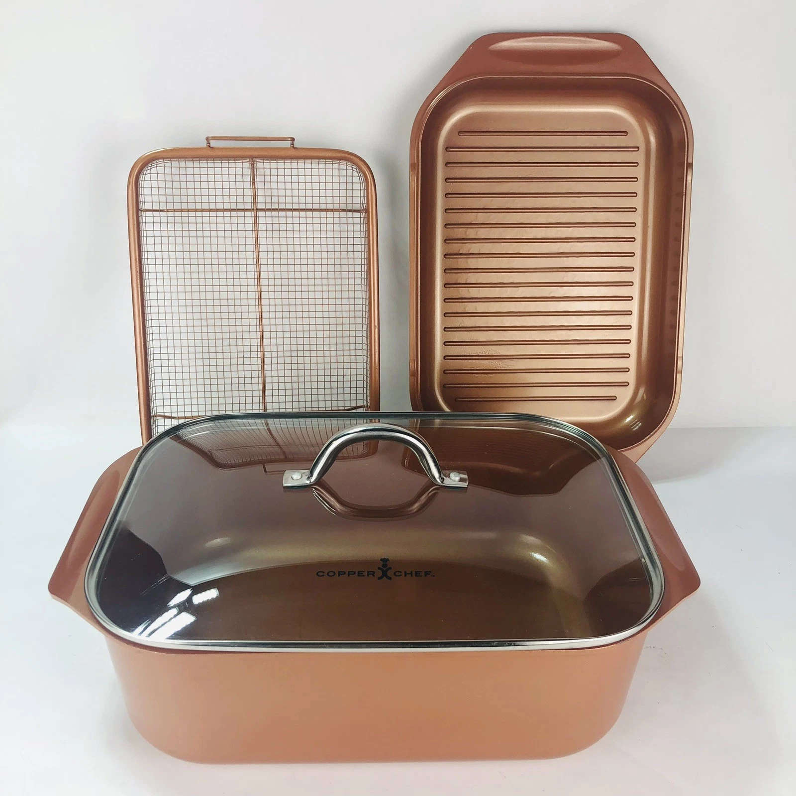 4pc Copper Chef Wonder Cooker XL Set Roaster w/ Basket, Grill Pan & Glass Lid