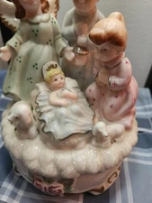 Ceramic Nativity Holy Family Angel Lamb Baby Jesus Music Box 