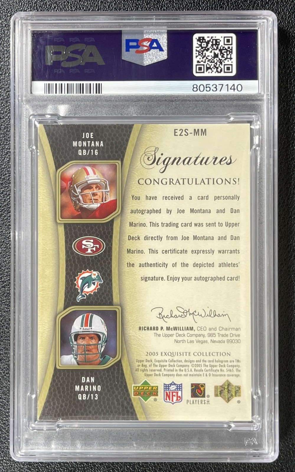 JOE MONTANA DAN MARINO PSA 8 2005 UD EXQUISITE COLL SIGNATURE DUALS AUTO 21/25 view 2