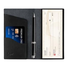 Checkbook Holder Cover - Leather Duplicate Check Book Case with Pen Black