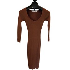Altar State Ribbed Knit Midi Dress Long Sleeve Brown V Neck Stretch Women's S