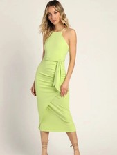 LULUS Women's Out Ahead Light Green Ribbed Ruched Halter Midi Dress - SIZE XS